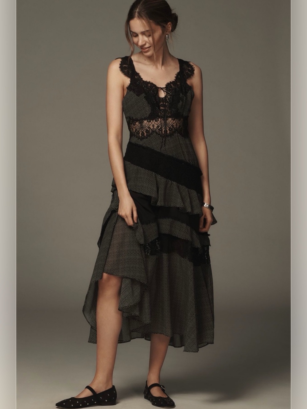 By Anthropologie Sleeveless Keyhole Tiered Lace MIDI dress